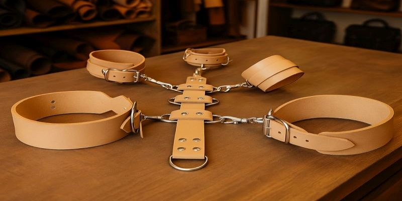 Premium BDSM Fesselset aus Echtleder: Dieses hochwertige Set kombiniert Halsfessel, Armfesseln und Oberschenkelfesseln mit einer stabilen Lederringleiste für flexible Bondage-Positionen