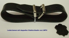 Lederriemen 1,4 cm x 18,0 cm mit doppelter Metallschlaufe in 6 Farben für Nostalgie-Kinderwagen Schnallenriemen u.v.m.