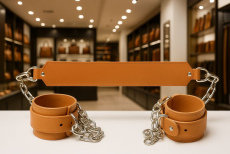 Besteht aus einem Leder-Nackenband Fußfesseln aus Leder mit Karabinern und Stahlketten