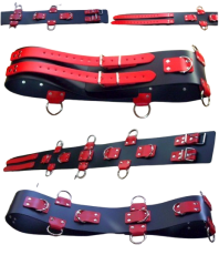 Spezial Fessel-Gürtel Taillengurt Schwarz-Rot 10,0 cm x 80,0 cmmit 5 D-Ringen & 6 O-Ringen BDSM Lederriemen von LWPH