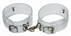 Exklusive transparente Oberschenkelfesseln aus glasklarem weichem PVC mit D-Ring, Wirbelkarabiner und individueller Größenvariation von LWPH.