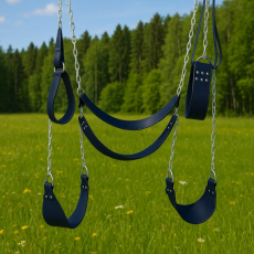 mit dunkelblauen Sitzauflagen und Rückengurten mit 9-facher Vernietung, flexibel, robust und stabil