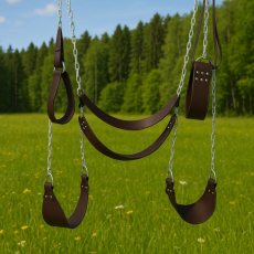 mit dunkelbraunen Sitzauflagen und Rückengurten mit 9-facher Vernietung, flexibel, robust und stabil