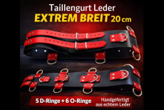 Handgefertigter Taillengurt aus echtem Leder in Schwarz-Rot mit außergewöhnlicher 20 cm Breite, stabilen D-Ringen und O-Ringen sowie hochwertiger Verarbeitung von LWPH
