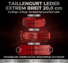 Handgefertigter Taillengurt aus echtem Leder in Rot mit außergewöhnlicher 20 cm Breite, stabilen D-Ringen und O-Ringen sowie hochwertiger Verarbeitung von LWPH