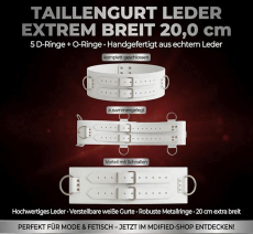 Handgefertigter Taillengurt aus echtem Leder in weiss mit außergewöhnlicher 20 cm Breite, stabilen D-Ringen und O-Ringen sowie hochwertiger Verarbeitung von LWPH