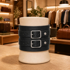 Handgefertigtes schwarzes Echtleder-Armband mit zwei Lederriemen und silberfarbenen Rollschnallen – stilvoll im Modegeschäft präsentiert.
