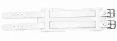 Geöffnetes Lederarmband weiß-weiß von LWPH mit zwei Lochriemen, zwei silberfarbenen Rollschnallen und breitem Grundkörper aus Echtleder.