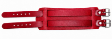Geöffnetes Lederarmband rot-rot von LWPH mit zwei Lochriemen, zwei silberfarbenen Rollschnallen und breitem Grundkörper aus Echtleder.
