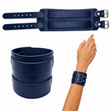 Weißes Echtleder-Armband von LWPH mit zwei Lederriemen und Rollschnallen – geöffnet, geschlossen und am Handgelenk gezeigt.