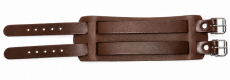 Geöffnetes Lederarmband dunkelbraun-dunkelbraun von LWPH mit zwei Lochriemen, zwei silberfarbenen Rollschnallen und breitem Grundkörper aus Echtleder.