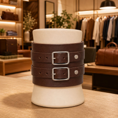 Handgefertigtes dunkelbraunes Echtleder-Armband mit zwei Lederriemen und silberfarbenen Rollschnallen – stilvoll im Modegeschäft präsentiert.