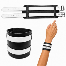 Echtleder-Armband schwarz mit 2 weißen Lederriemen und Rollschnallen