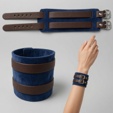 Echtleder-Armband dunkelblau mit 2 dunkelbraun Lederriemen und Rollschnallen