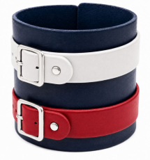 Echtleder-Armband dunkelblau mit 1 weißen & 1 roten Lederriemen mit Rollschnallen