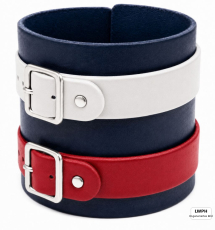 Dunkelblaues Echtleder-Armband von LWPH mit zwei Lederriemen weiß und rot mit Rollschnallen – geschlossen