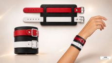 Echtleder-Armband schwarz mit 1 weißen & 1 roten Lederriemen mit Rollschnallen (copy)