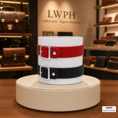 Echtleder-Armband weiß mit 1 roten & 1 schwarzen Lederriemen mit Rollschnallen