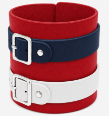 Echtleder-Armband rot mit 1 dunkelblauen & 1 weißen Lederriemen mit Rollschnallen
