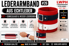 Rotes blau-weisses Echtleder Armband Titelbild mit verschiedenen Darstellungen von LWPH