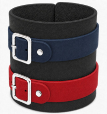 Echtleder-Armband schwarz mit 1 dunkelblauen & 1 roten Lederriemen mit Rollschnallen
