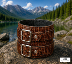 Braunes Echtleder-Armband von LWPH mit exklusiver Krokodilleder-Prägung in natürlicher Umgebung fotografiert.
