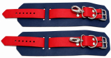 Zweifarbiges Leder-Fesselset in Dunkelblau-Rot aus hochwertigem Echtleder.