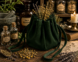 Lederbeutel als Kräuterbeutel mit getrockneten Kräutern im historischen Apothekerstil
