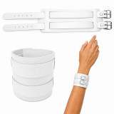 Weißes Echtleder-Armband von LWPH mit zwei Lederriemen und Rollschnallen – geöffnet, geschlossen und am Handgelenk gezeigt.