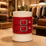 Handgefertigtes rotesd Echtleder-Armband mit zwei Lederriemen und silberfarbenen Rollschnallen – stilvoll im Modegeschäft präsentiert.