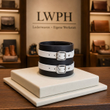 Echtleder-Armband schwarz mit 2 weissen Lederriemen präsentiert im Facvhgeschäft von LWPH