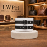 Echtleder-Armband weiss mit 2 schwarzen Lederriemen präsentiert im Facvhgeschäft von LWPH