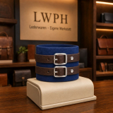 Echtleder-Armband dunkelblau mit 2 dunkelbraunen Lederriemen präsentiert im Fachgeschäft von LWPH