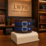 Echtleder-Armband dunkelbraun mit 2 dunkelblauen Lederriemen präsentiert im Fachgeschäft von LWPH