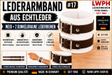 Bild mit mehreren Abbildungen des weißen Lederarmbandes mit 2 dunkelbraunen Lederriemen mit Rollschnalle