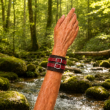 Dunkelbraunes Echtleder-Armband am Arm getragen mit zwei roten Lederriemen und Rollschnallen