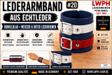 Dunkelblaues Echtlederarmband mit weißen und roten Lederriemen und weiteren Ansichten von LWPH