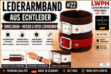 Dunkelbraunes Echtleder-Armband mit zwei Lederriemen weiß und rot in verschiedenen Darstellungen und Aussagen in Schriftform