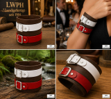 Echtleder Armband dunkelbraun mit weißen und roten Lederriemen geschlossen, im Fachgeschäft am Arm und in der Natur dargestellt von LWPH