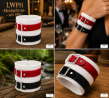 Echtleder-Armband weiß mit 1 roten & 1 schwarzen Lederriemen mit Rollschnallen
