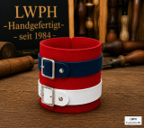 Rotes Echtleder-Armband mit zwei Lederriemen dunkelblau und weiß mit Rollschnallen