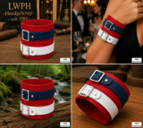 Armband rot dunkelkblau-wiß in Abbildung geschlossen, am Arm,in der Natur und auf dem Ladentisch