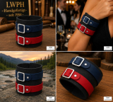 Armband schwarz dunkelkblau-rot in Abbildung geschlossen, am Arm, in der Natur und auf dem Ladentisch