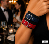 Echtleder-Armband schwarz mit 1 dunkelblauen & 1 roten Lederriemen mit Rollschnallen