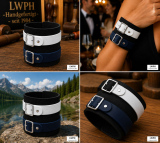 Armband schwarz weiss-dunkelblau in Abbildung geschlossen, am Arm, in der Natur und auf dem Ladentisch