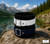 Echtleder-Armband schwarz mit 1 weißen & 1 dunkelblauen Lederriemen mit Rollschnallen (copy)