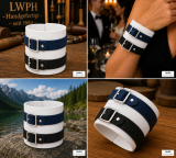 Armband weiss dunkelblau-schwarz in Abbildung geschlossen, am Arm, in der Natur und auf dem Ladentisch